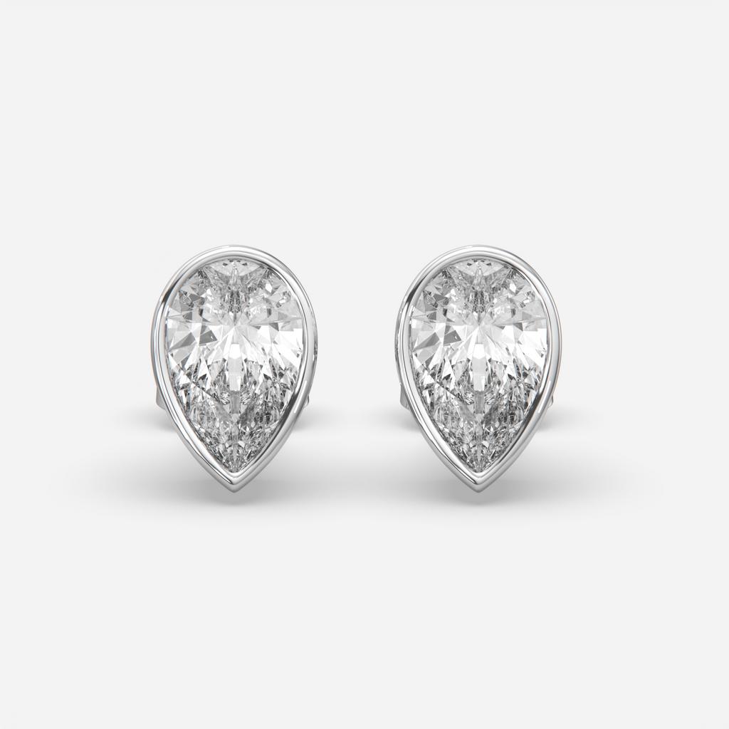2.00 Ct E VS1 Pear Shaped Full Bezel Lab Grown Diamond Studs, in white gold, front view