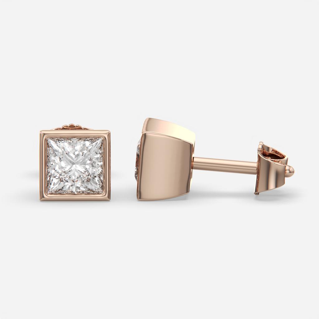 2.00 Ct E VS1 Princess Cut Full Bezel Diamond Studs, in rose gold, front view