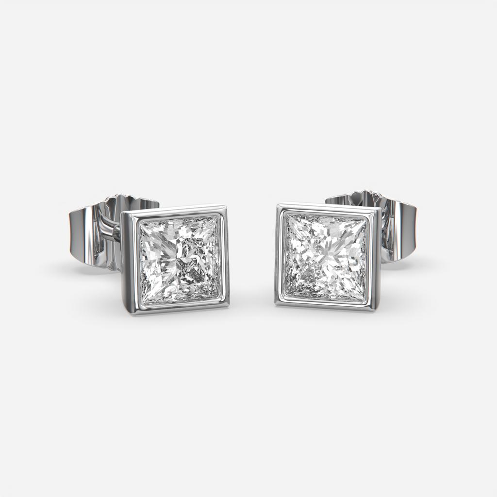 2.00 Ct E VS1 Princess Cut Full Bezel Diamond Studs, in white gold, front view
