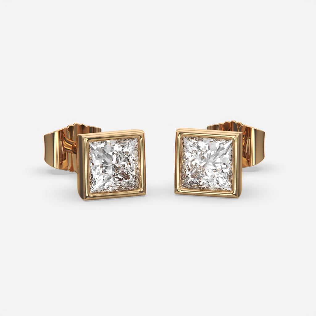 2.00 Ct E VS1 Princess Cut Full Bezel Diamond Studs, in yellow gold, front view