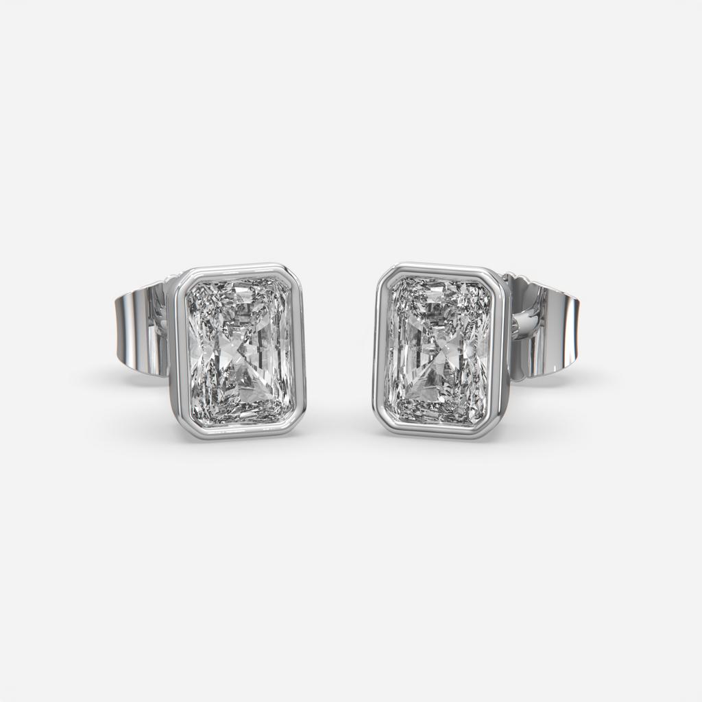 2.00 Ct E VS1 Radiant Cut Full Bezel Diamond Studs, in white gold, front view