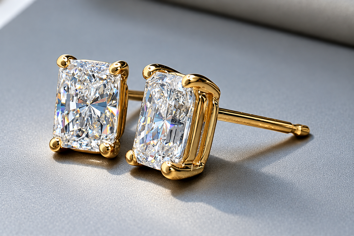 2.00 Ct E VS1 Radiant Cut Lab-Grown Diamond Stud Earrings, in yellow gold, front view