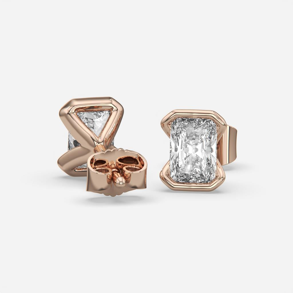 2.00 Ct E Color VS1 Radiant Cut Half-Bezel Stud Earrings, in rose gold, front view