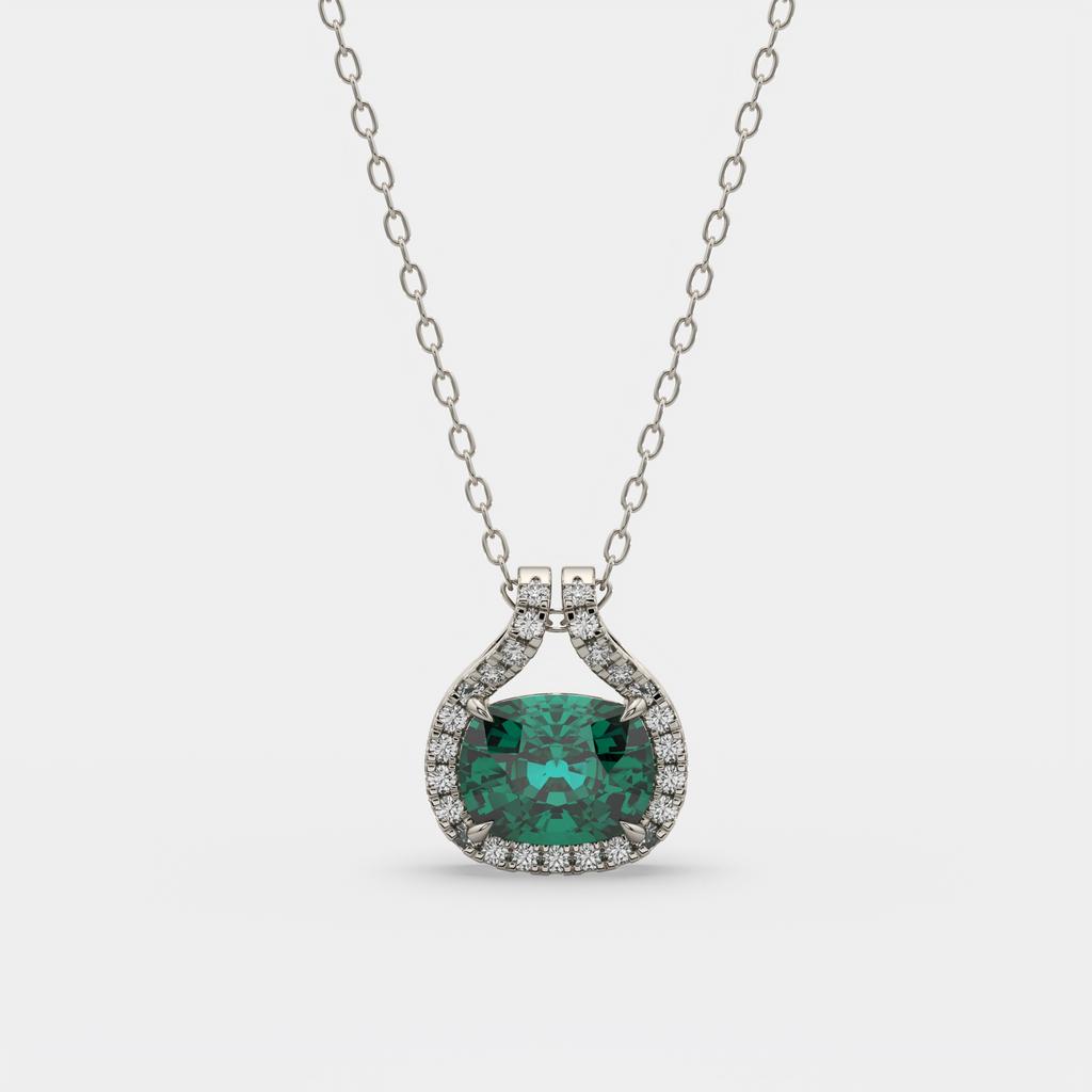 2.20 Ct Cushion Green Emerald Diamond East West Pendant, in white gold, front view