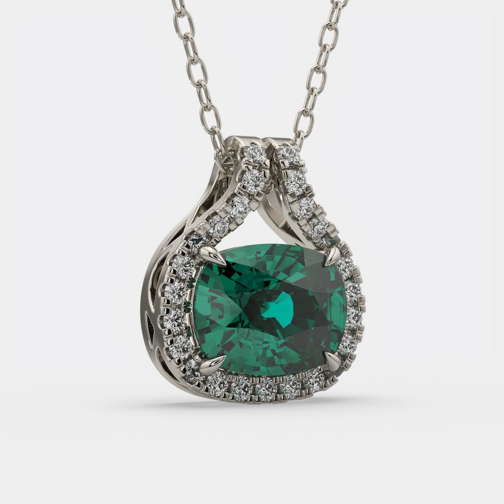 2.20 Ct Cushion Green Emerald Diamond East West Pendant, in white gold, side profile