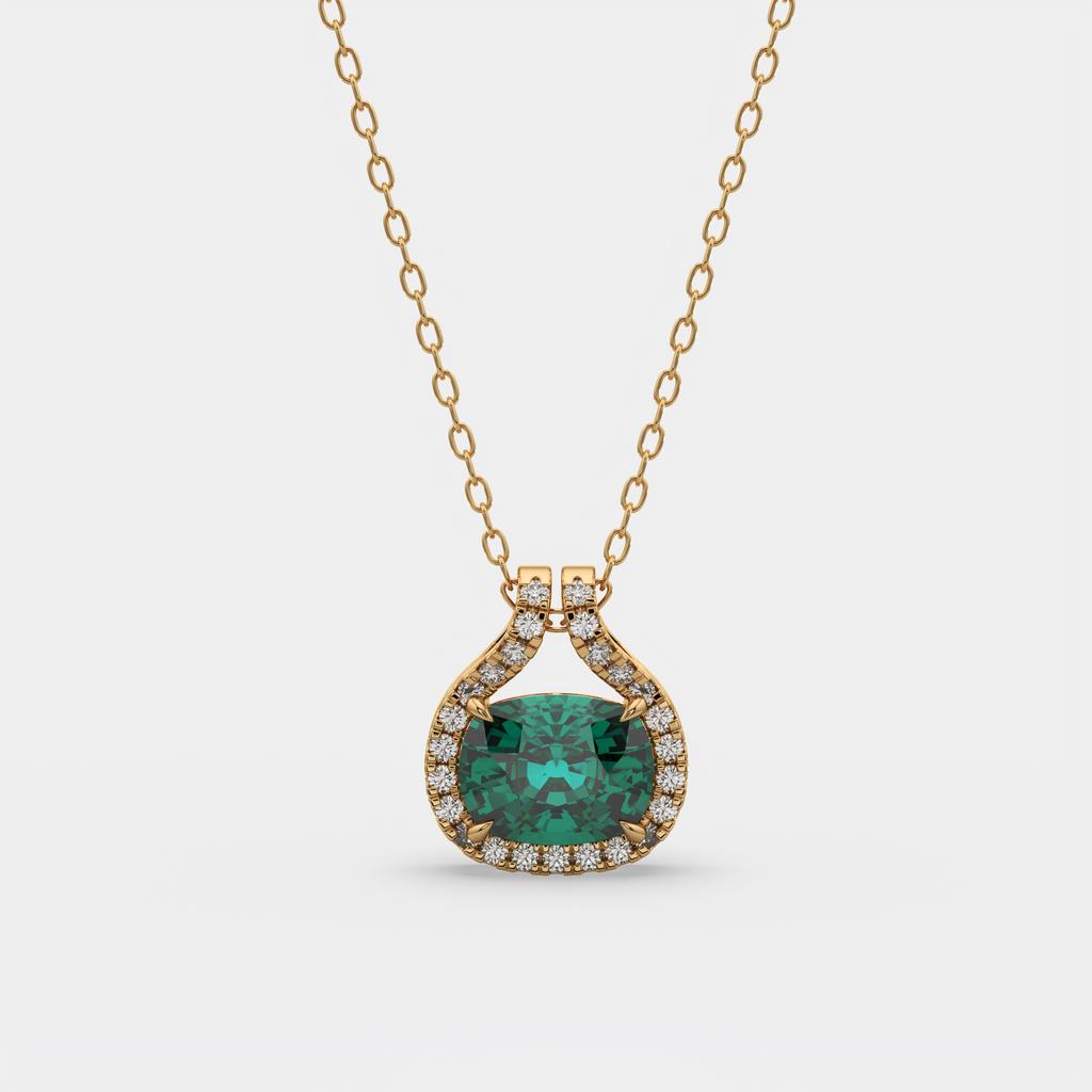 2.20 Ct Cushion Green Emerald Diamond East West Pendant, in yellow gold, front view