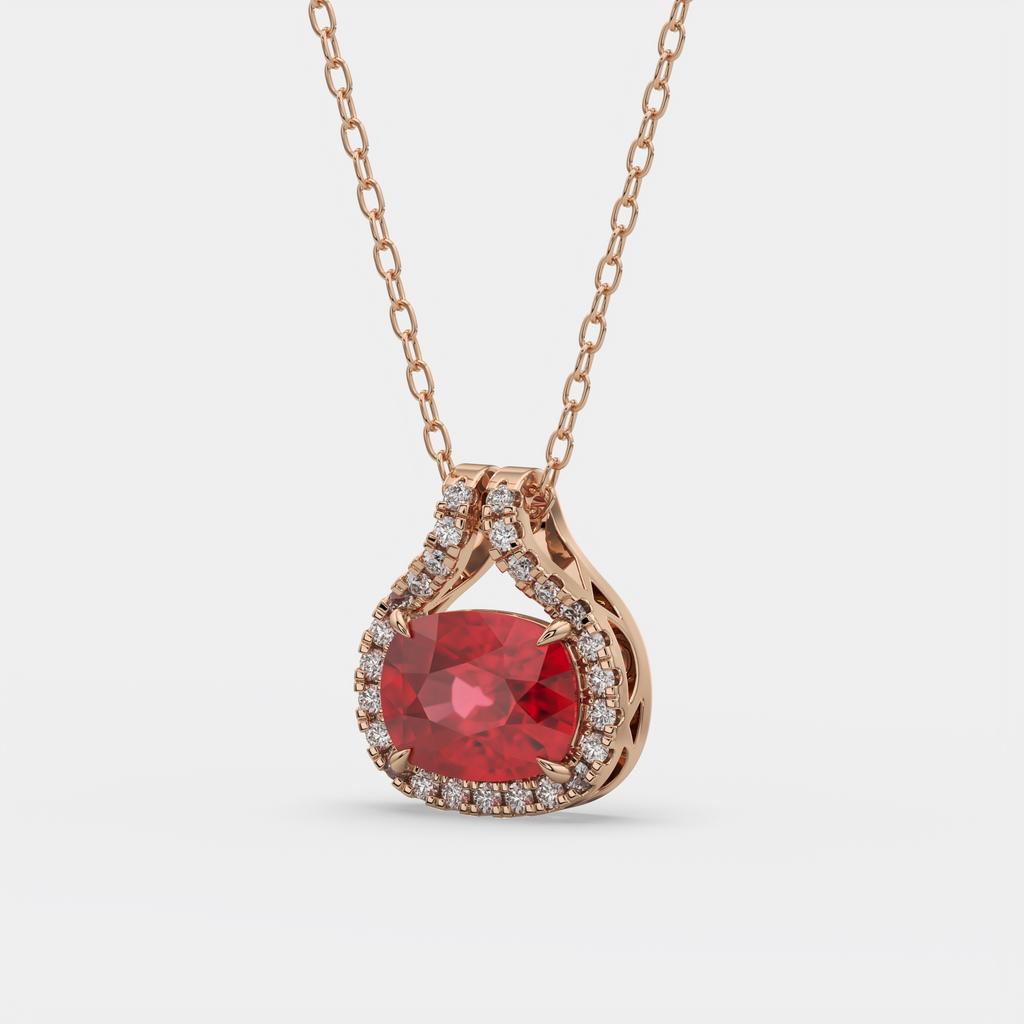 2.20 Ct Cushion Ruby Diamond East West Pendant, in rose gold, front view