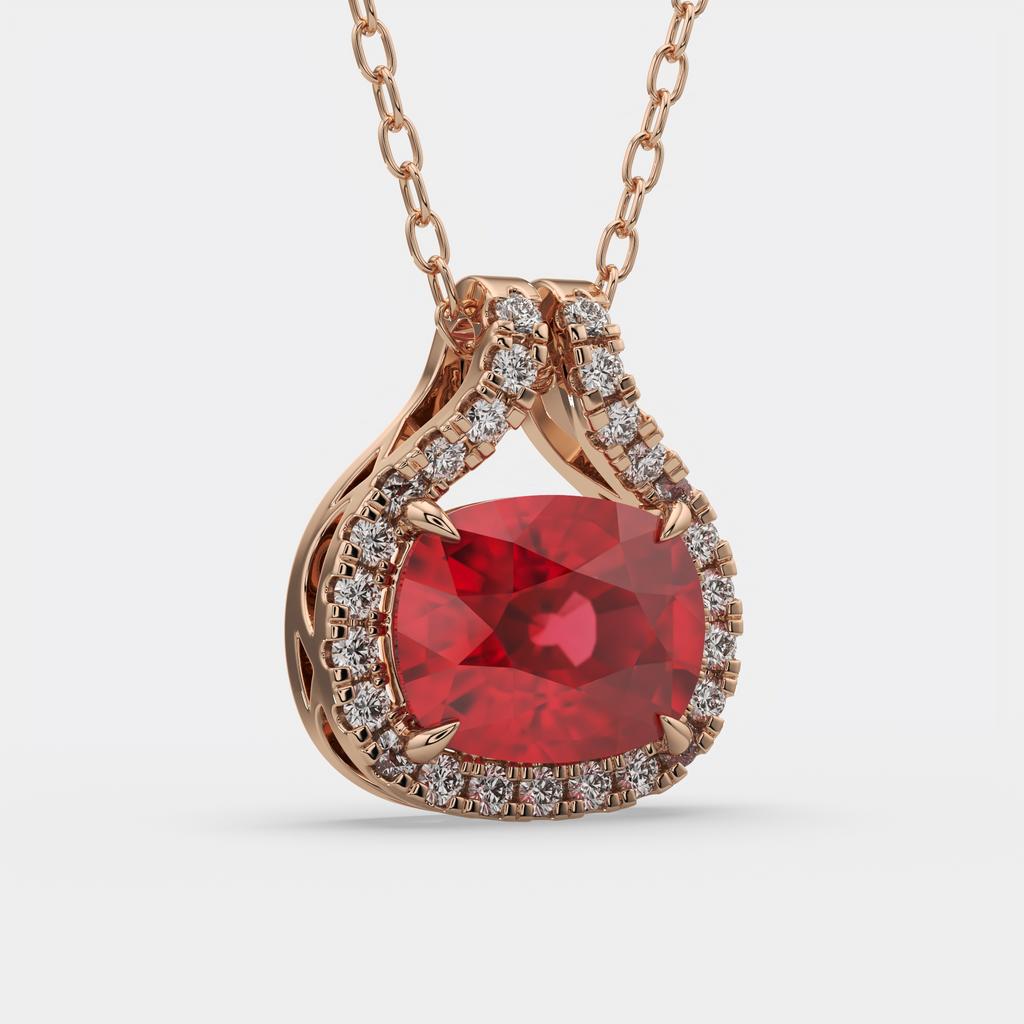 2.20 Ct Cushion Ruby Diamond East West Pendant, in rose gold, side profile