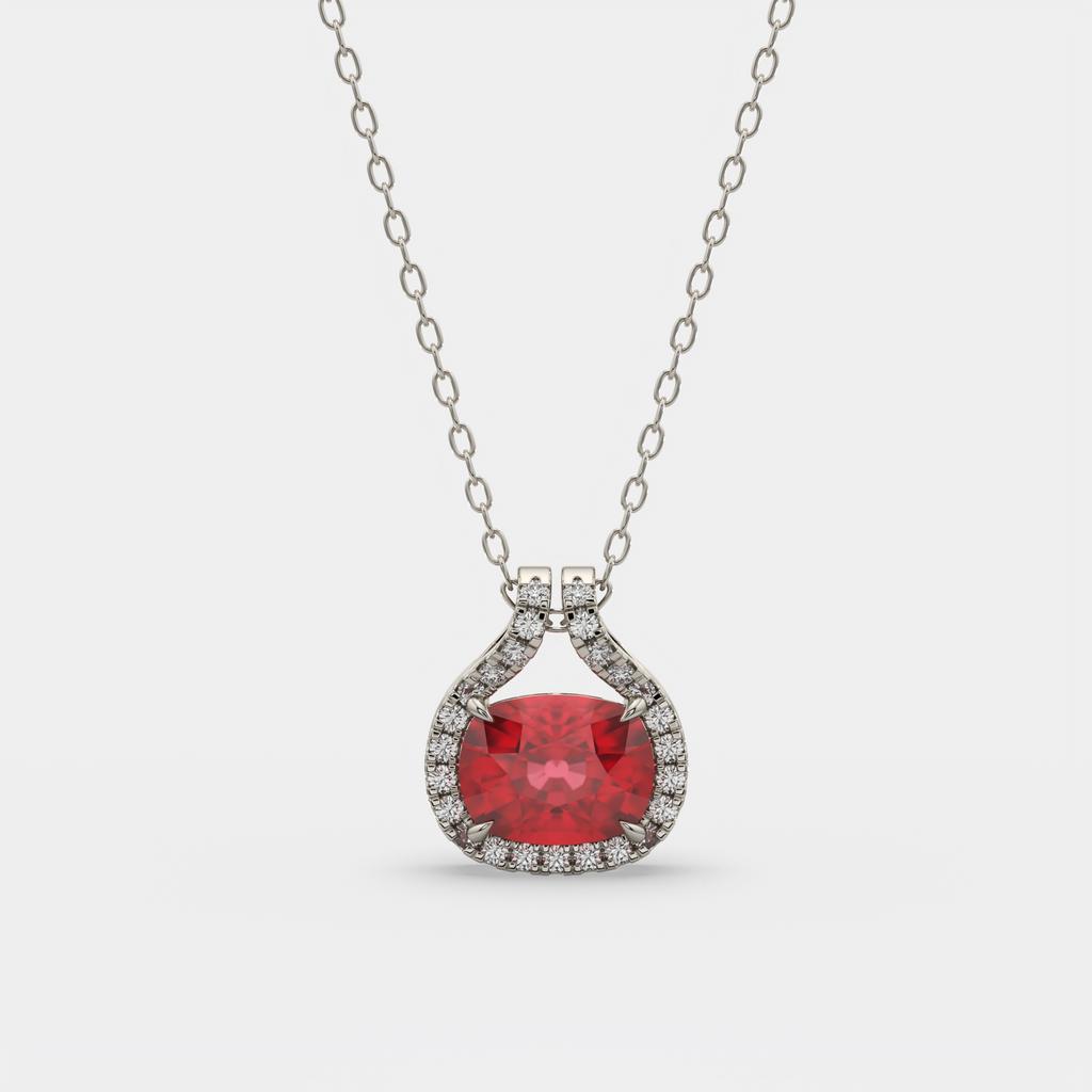2.20 Ct Cushion Ruby Diamond East West Pendant, in white gold, front view