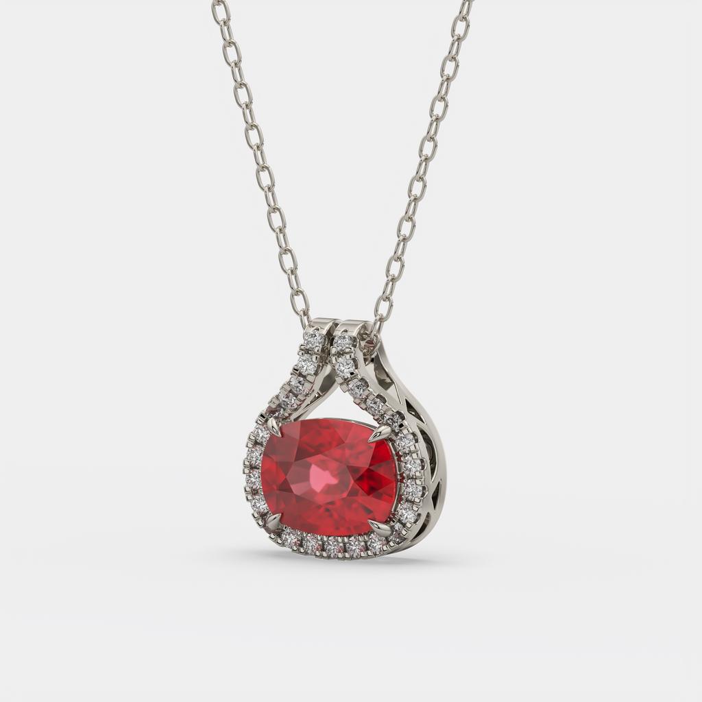 2.20 Ct Cushion Ruby Diamond East West Pendant, in white gold, front view