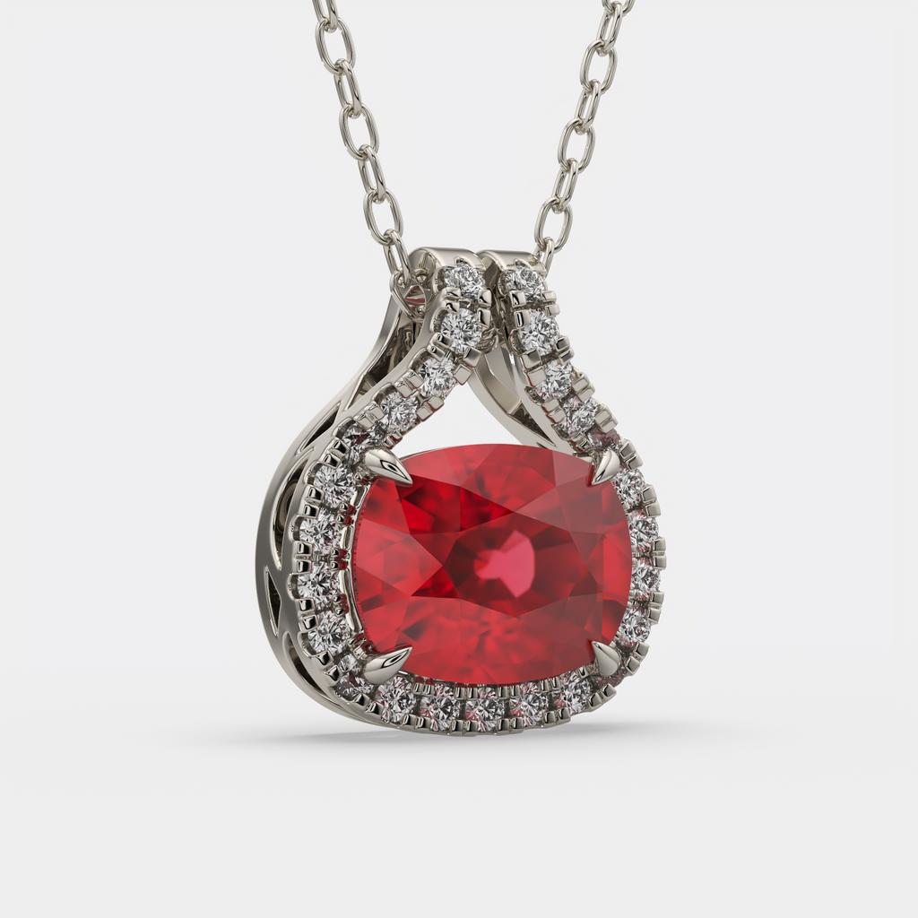 2.20 Ct Cushion Ruby Diamond East West Pendant, in white gold, side profile
