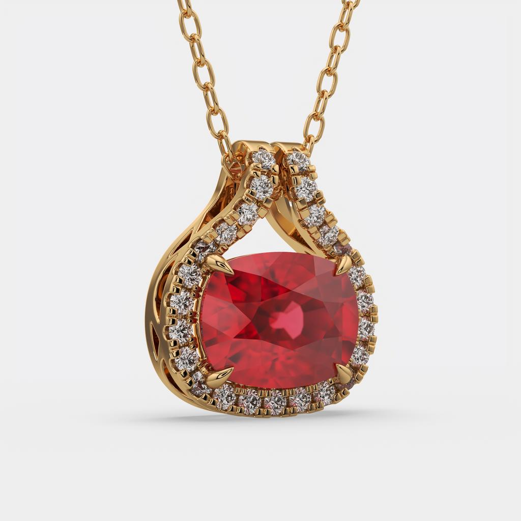 2.20 Ct Cushion Ruby Diamond East West Pendant, in yellow gold, front view