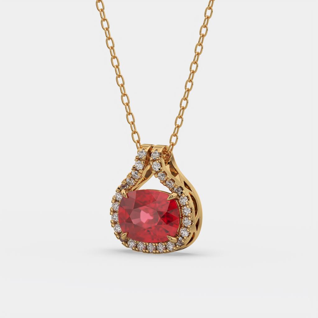 2.20 Ct Cushion Ruby Diamond East West Pendant, in yellow gold, side profile