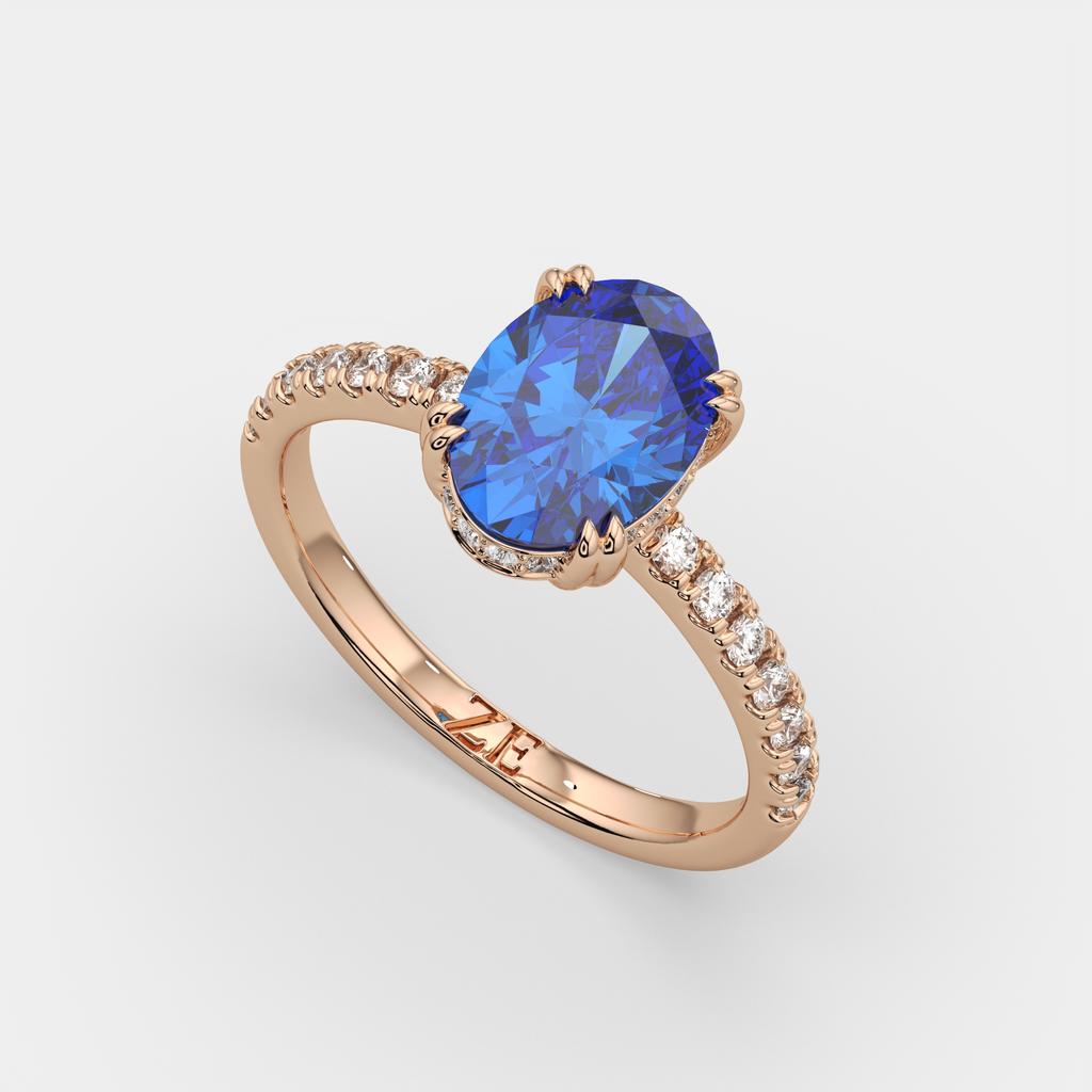 2.25 Ct Oval Blue Sapphire Hidden Halo Diamond Ring, in rose gold, front view