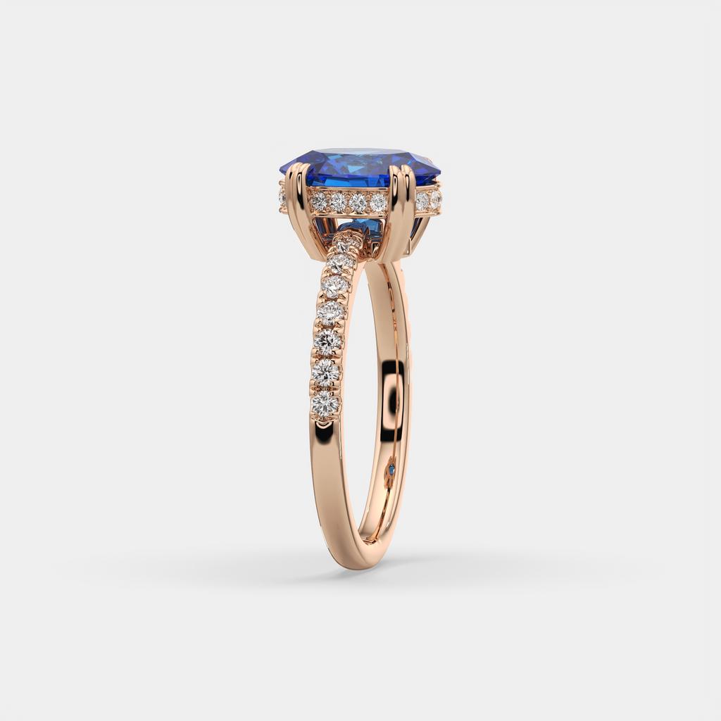 2.25 Ct Oval Blue Sapphire Hidden Halo Diamond Ring, in rose gold, side profile