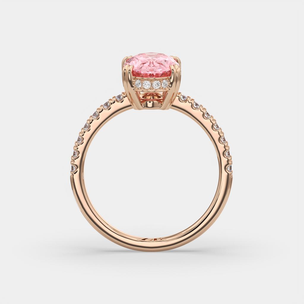 2.25 Ct Oval Pink Sapphire Hidden Halo Diamond Ring, in rose gold, side profile