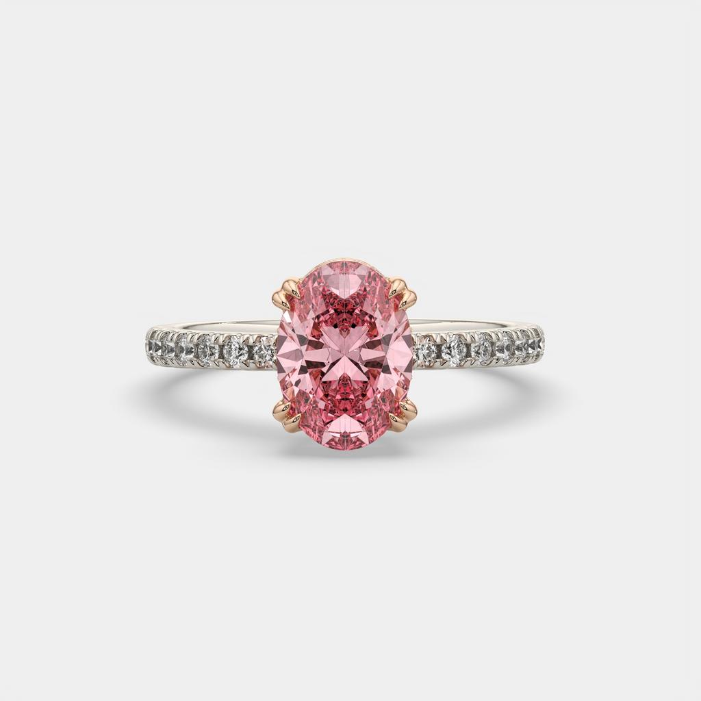 2.25 Ct Oval Pink Sapphire Hidden Halo Diamond Ring, in white gold, front view