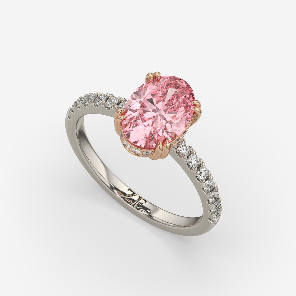 2.25 Ct Oval Pink Sapphire Hidden Halo Diamond Ring, in white gold, front view