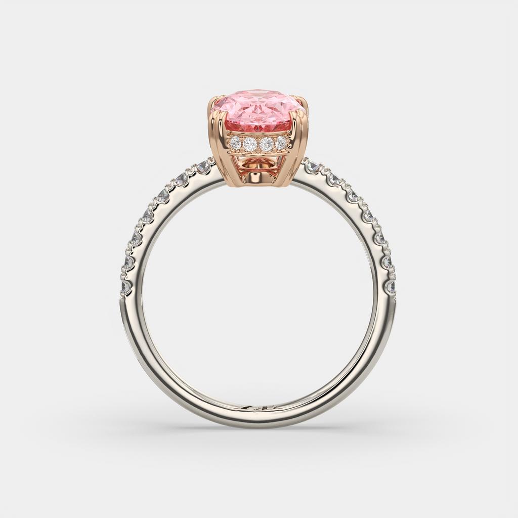 2.25 Ct Oval Pink Sapphire Hidden Halo Diamond Ring, in white gold, side profile