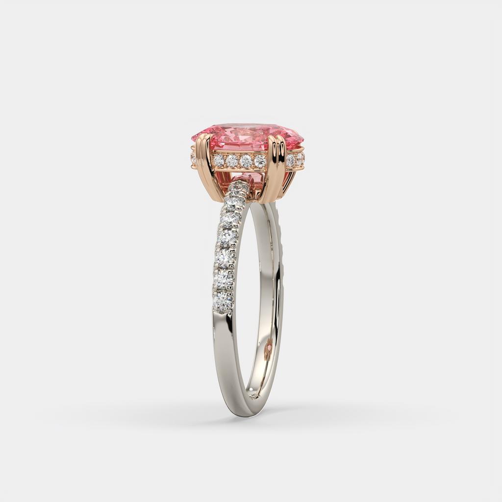 2.25 Ct Oval Pink Sapphire Hidden Halo Diamond Ring, in white gold, side profile