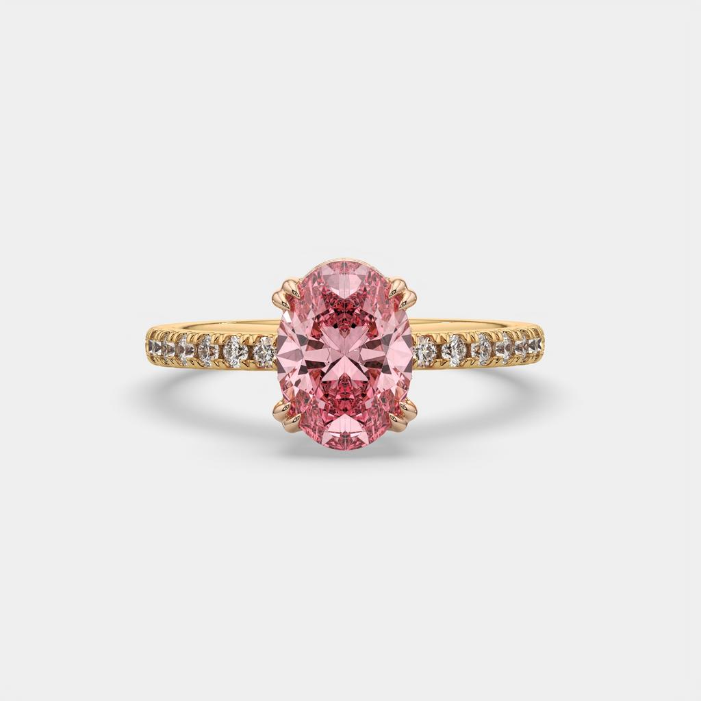 2.25 Ct Oval Pink Sapphire Hidden Halo Diamond Ring, in yellow gold, front view