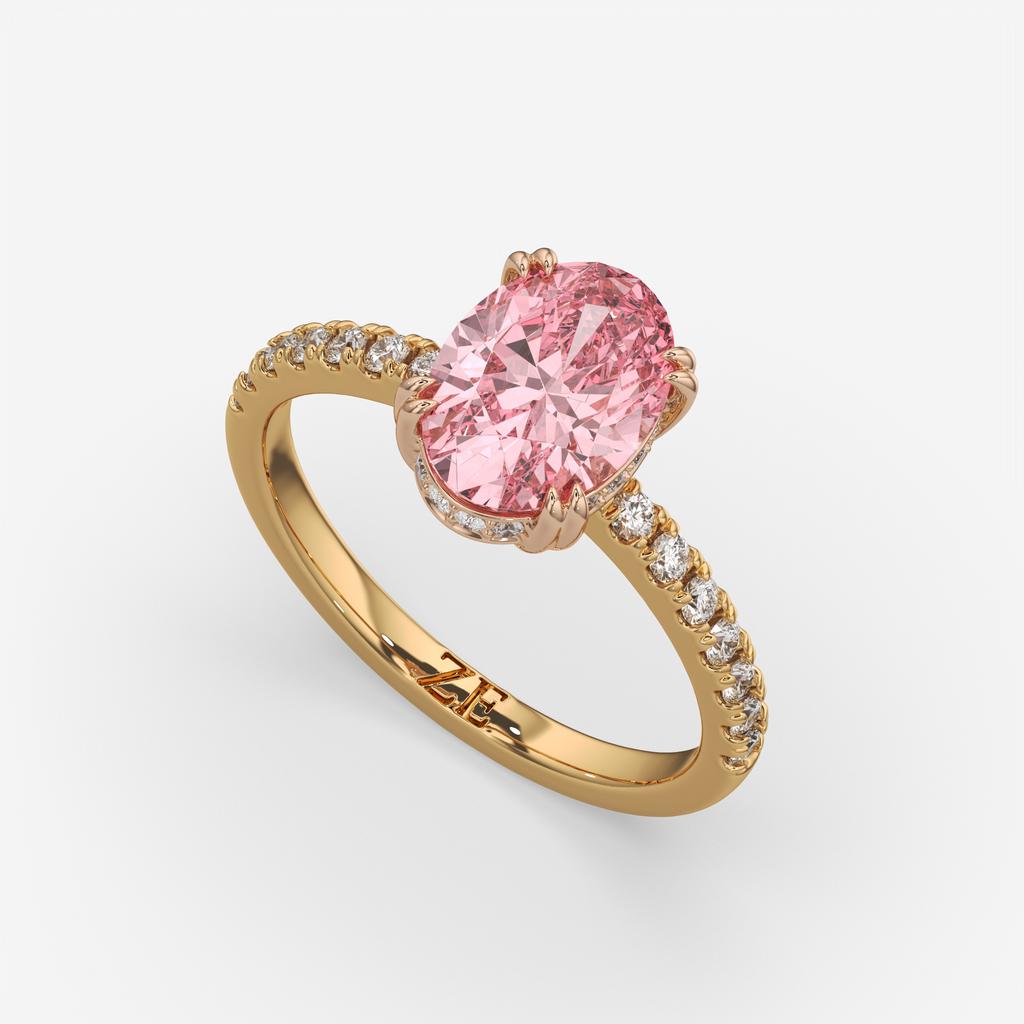 2.25 Ct Oval Pink Sapphire Hidden Halo Diamond Ring, in yellow gold, front view