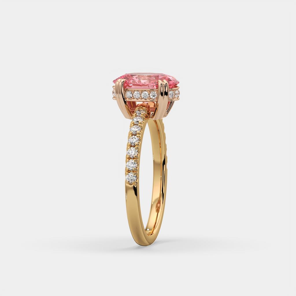 2.25 Ct Oval Pink Sapphire Hidden Halo Diamond Ring, in yellow gold, side profile