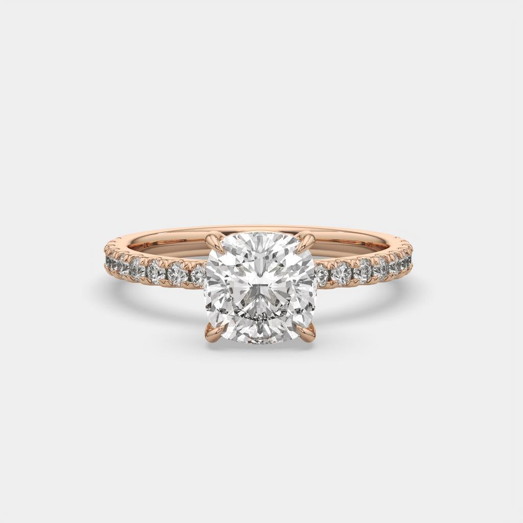 2.35 Ct E Color VS1 Cushion Diamond Pavé Ring, in rose gold, front view