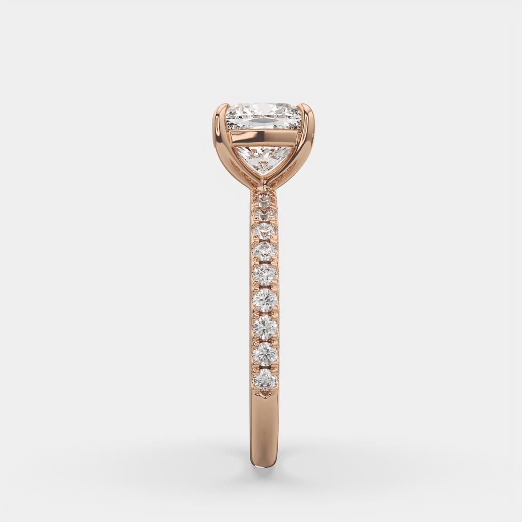 2.35 Ct E Color VS1 Cushion Diamond Pavé Ring, in rose gold, side profile
