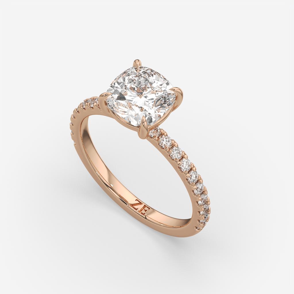 2.35 Ct E Color VS1 Cushion Diamond Pavé Ring, in rose gold, side profile