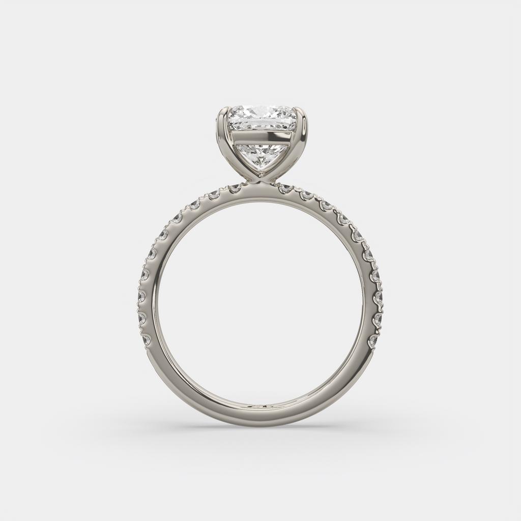 2.35 Ct E Color VS1 Cushion Diamond Pavé Ring, in white gold, front view