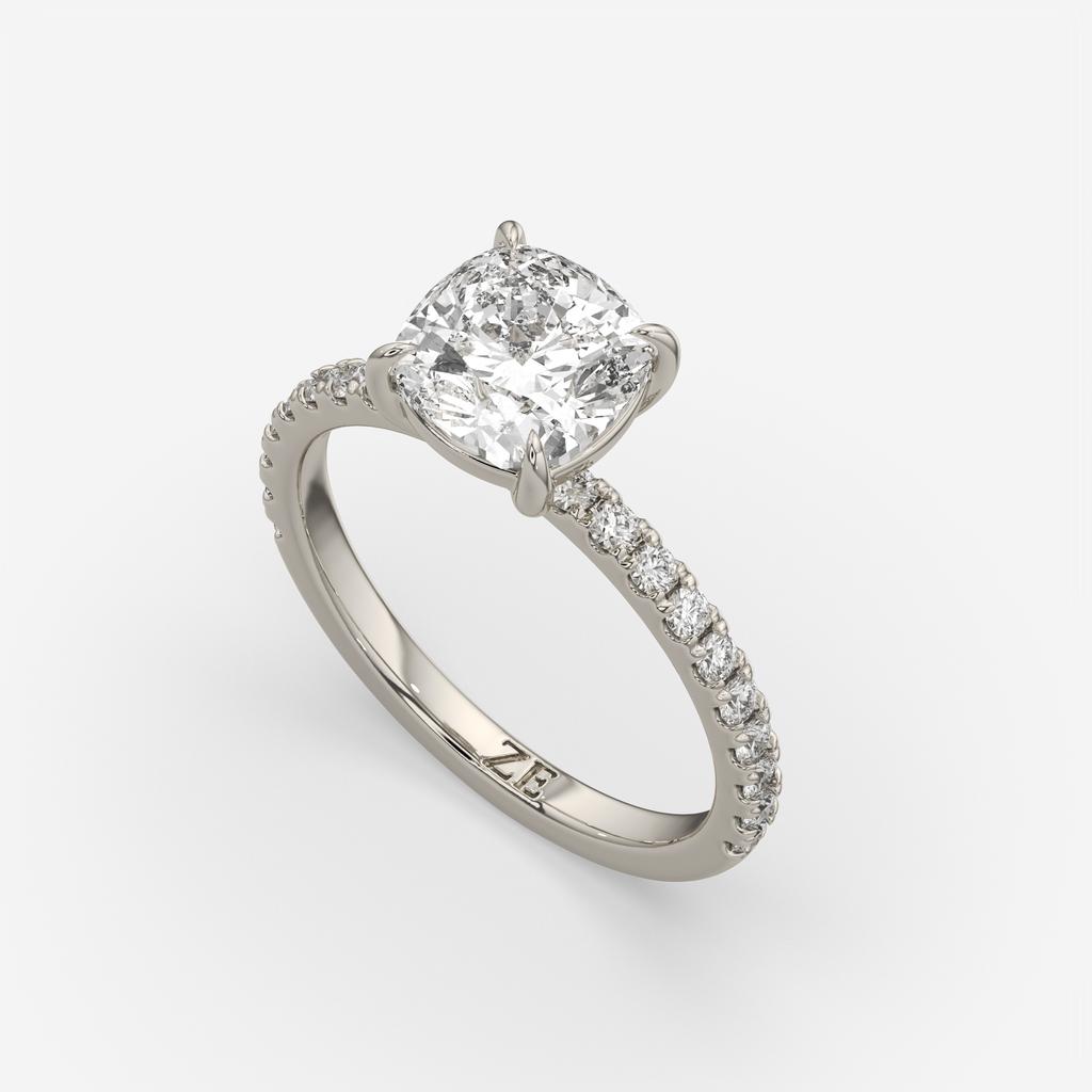 2.35 Ct E Color VS1 Cushion Diamond Pavé Ring, in white gold, side profile