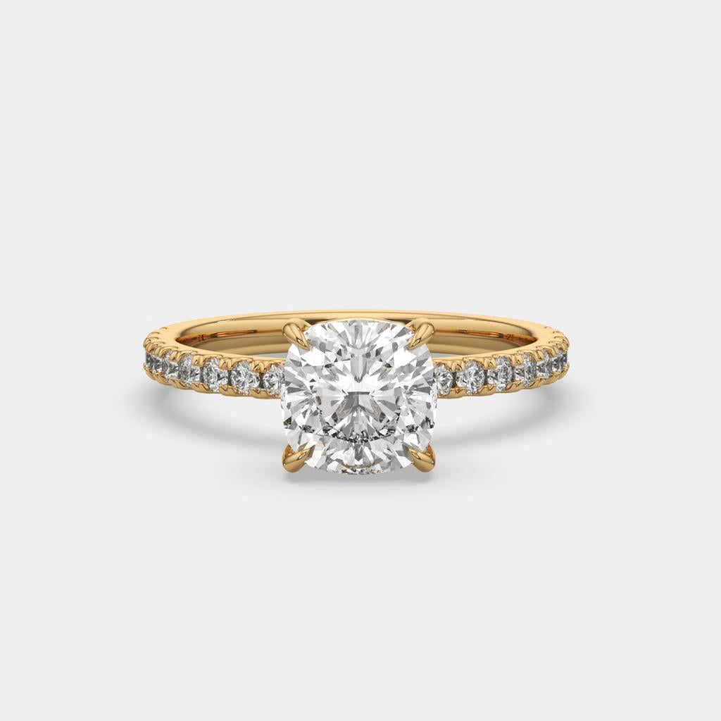 2.35 Ct E Color VS1 Cushion Diamond Pavé Ring, in yellow gold, front view