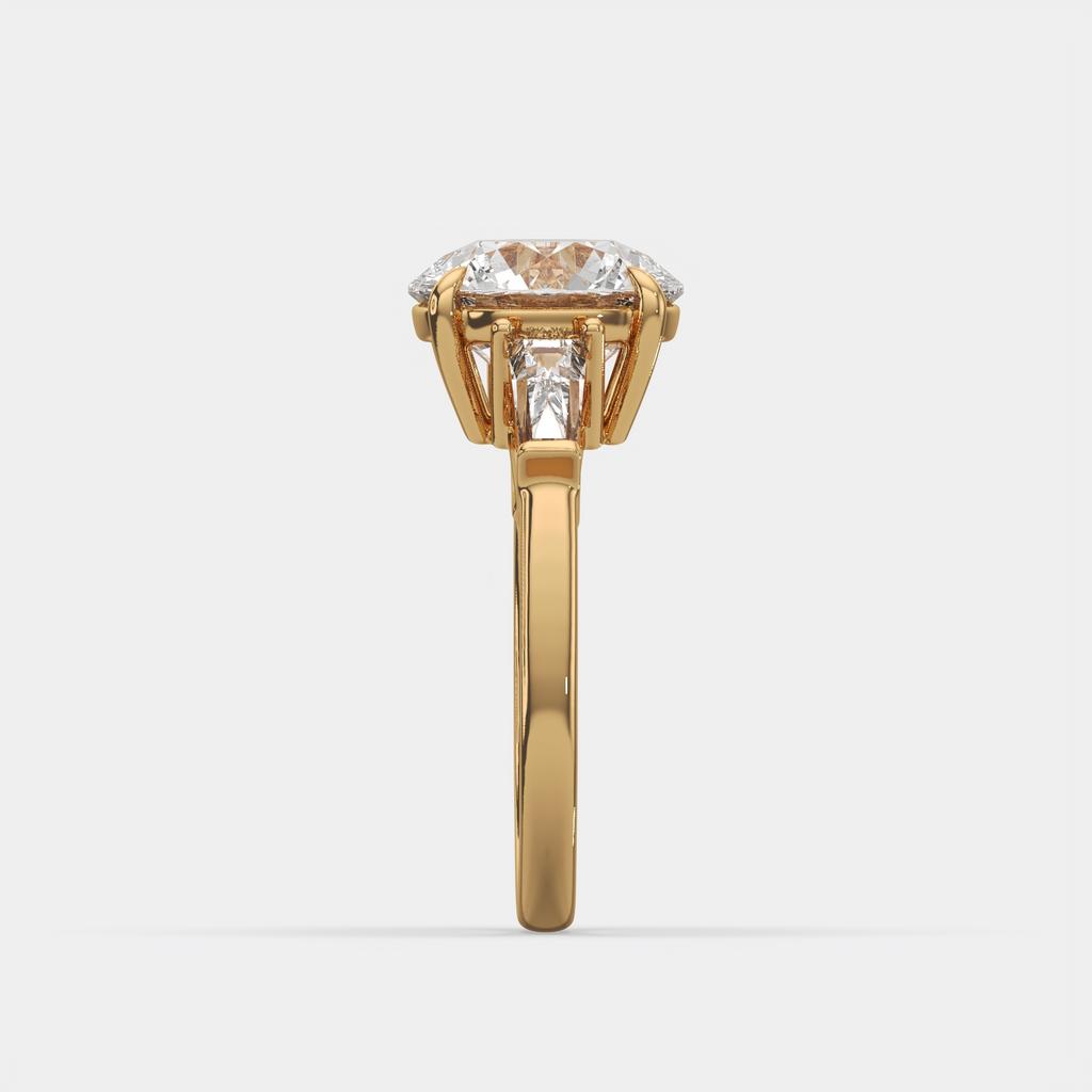2.40 Ct D Color VS1 Round Diamond Three Stone Ring With Tapered Baguettes, in yellow gold, side profile