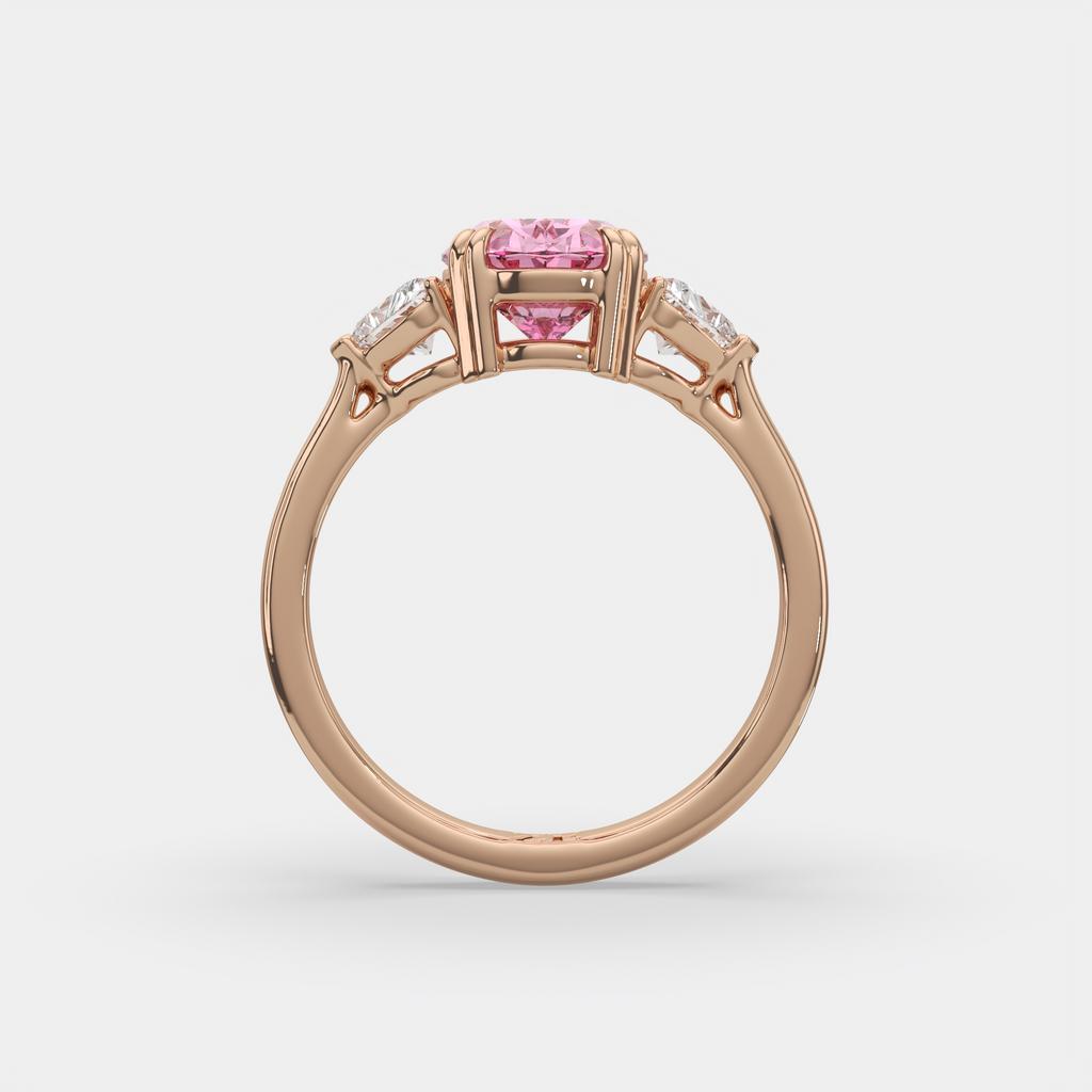 2.40 Ct Fancy Pink VS2 Oval 3 Stone Ring With Heart Shaped Accents, in rose gold, front view