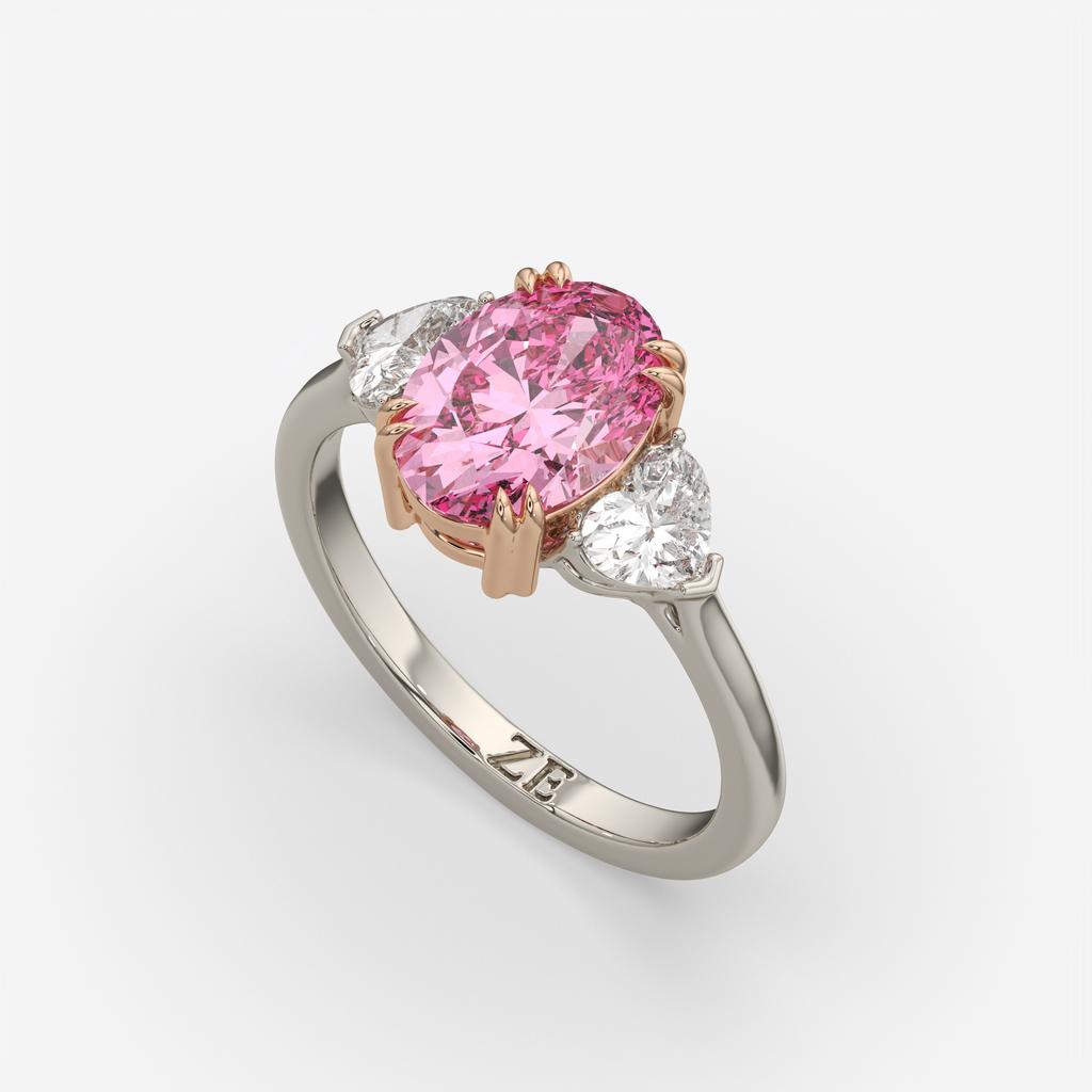 2.40 Ct Fancy Pink VS2 Oval 3 Stone Ring With Heart Shaped Accents, in white gold, front view