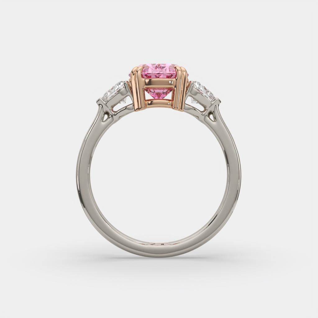 2.40 Ct Fancy Pink VS2 Oval 3 Stone Ring With Heart Shaped Accents, in white gold, front view
