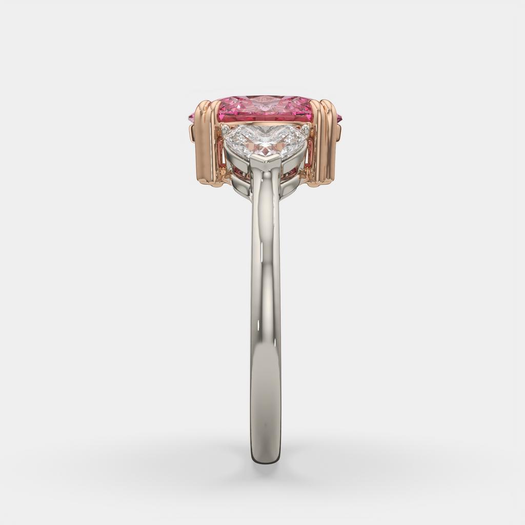 2.40 Ct Fancy Pink VS2 Oval 3 Stone Ring With Heart Shaped Accents, in white gold, front view