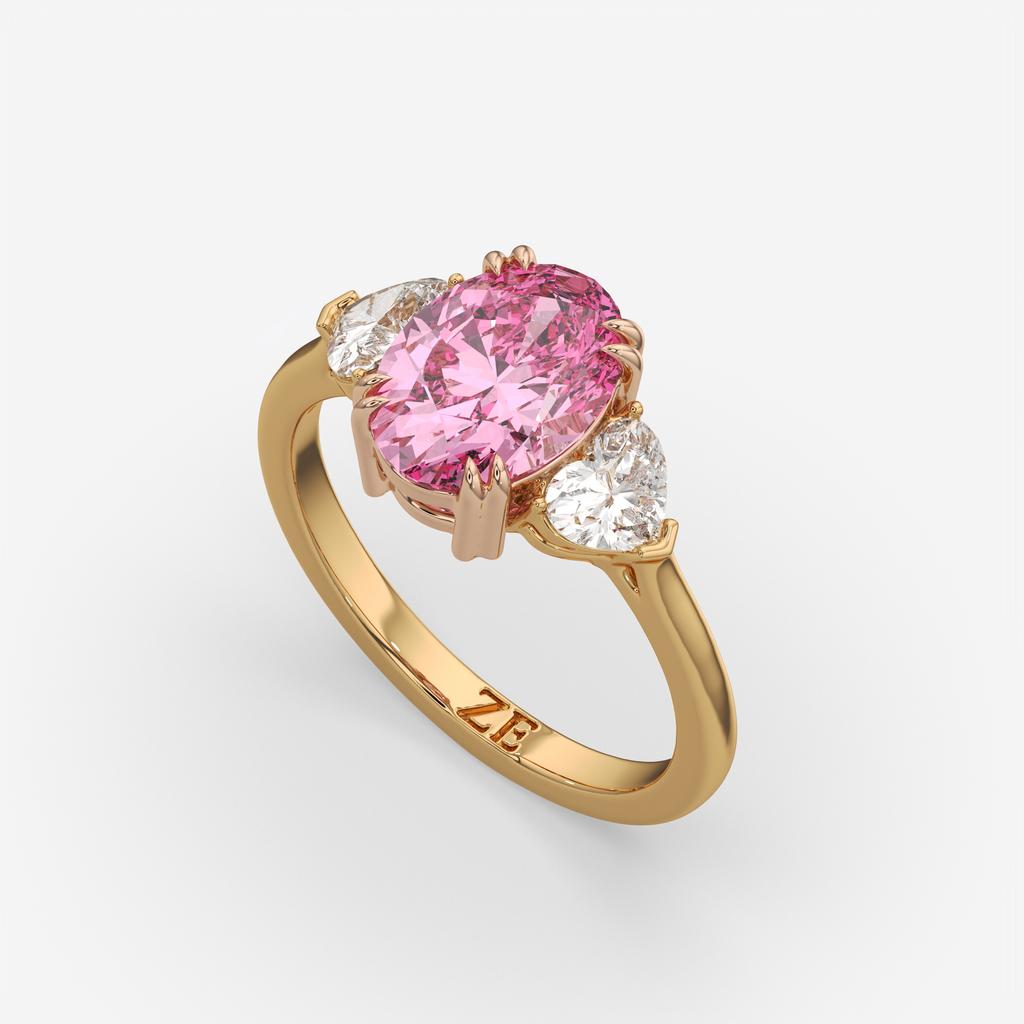2.40 Ct Fancy Pink VS2 Oval 3 Stone Ring With Heart Shaped Accents, in yellow gold, front view