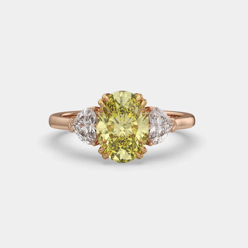 2.40 Ct Fancy Yellow VS2 Oval 3 Stone Ring With Heart Shaped Accents, in rose gold, front view