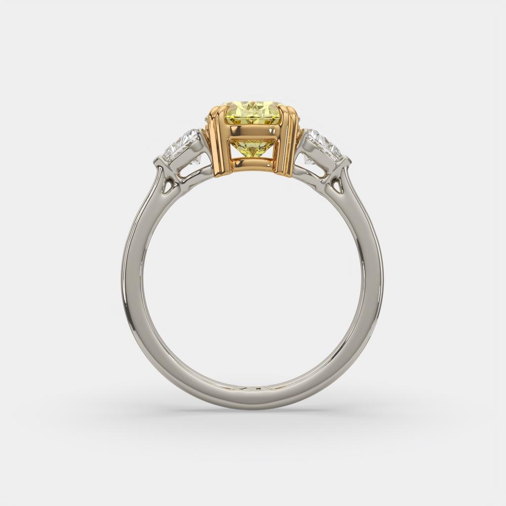 2.40 Ct Fancy Yellow VS2 Oval 3 Stone Ring With Heart Shaped Accents, in white gold, front view