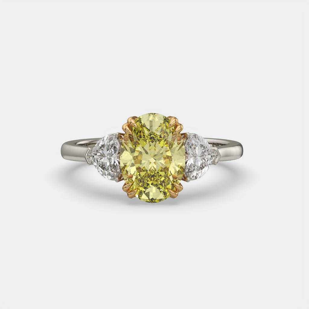 2.40 Ct Fancy Yellow VS2 Oval 3 Stone Ring With Heart Shaped Accents, in white gold, front view