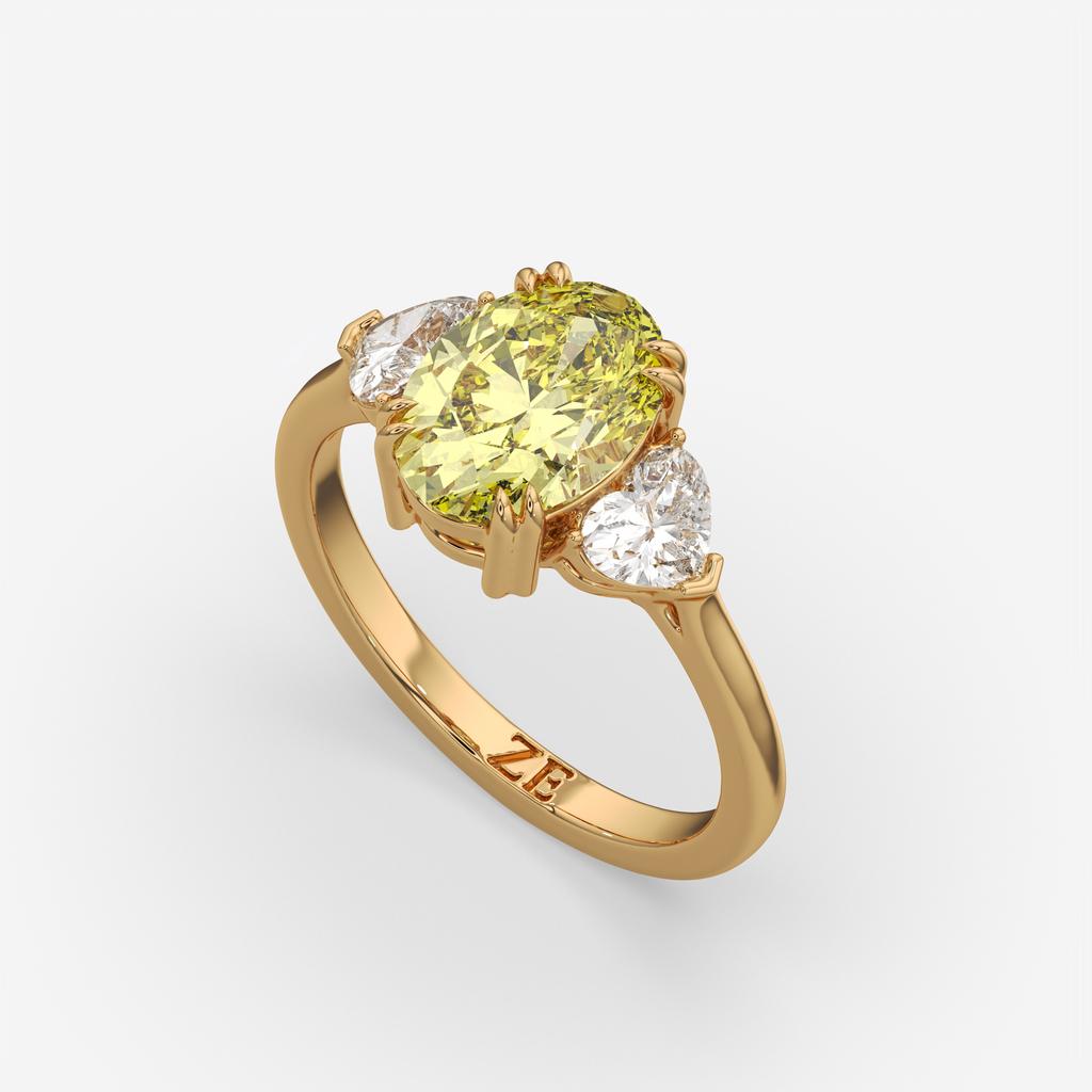 2.40 Ct Fancy Yellow VS2 Oval 3 Stone Ring With Heart Shaped Accents, in yellow gold, front view