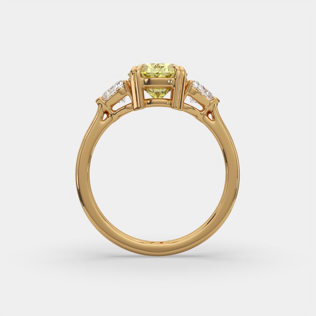 2.40 Ct Fancy Yellow VS2 Oval 3 Stone Ring With Heart Shaped Accents, in yellow gold, front view