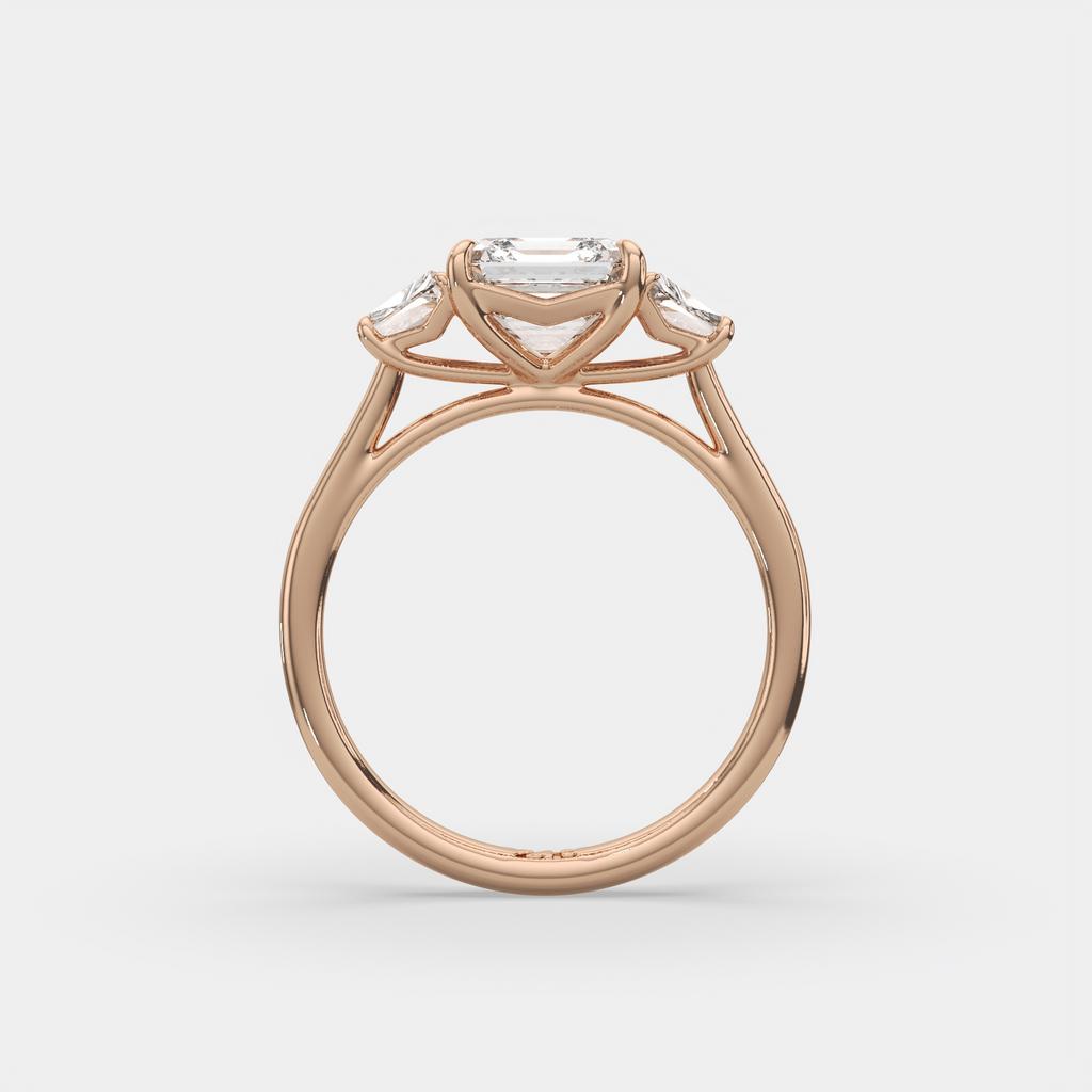 2.50 Ct D VS1 Asscher Cut Three Stone Ring With Step Cut Trapezoid Accents, in rose gold, side profile