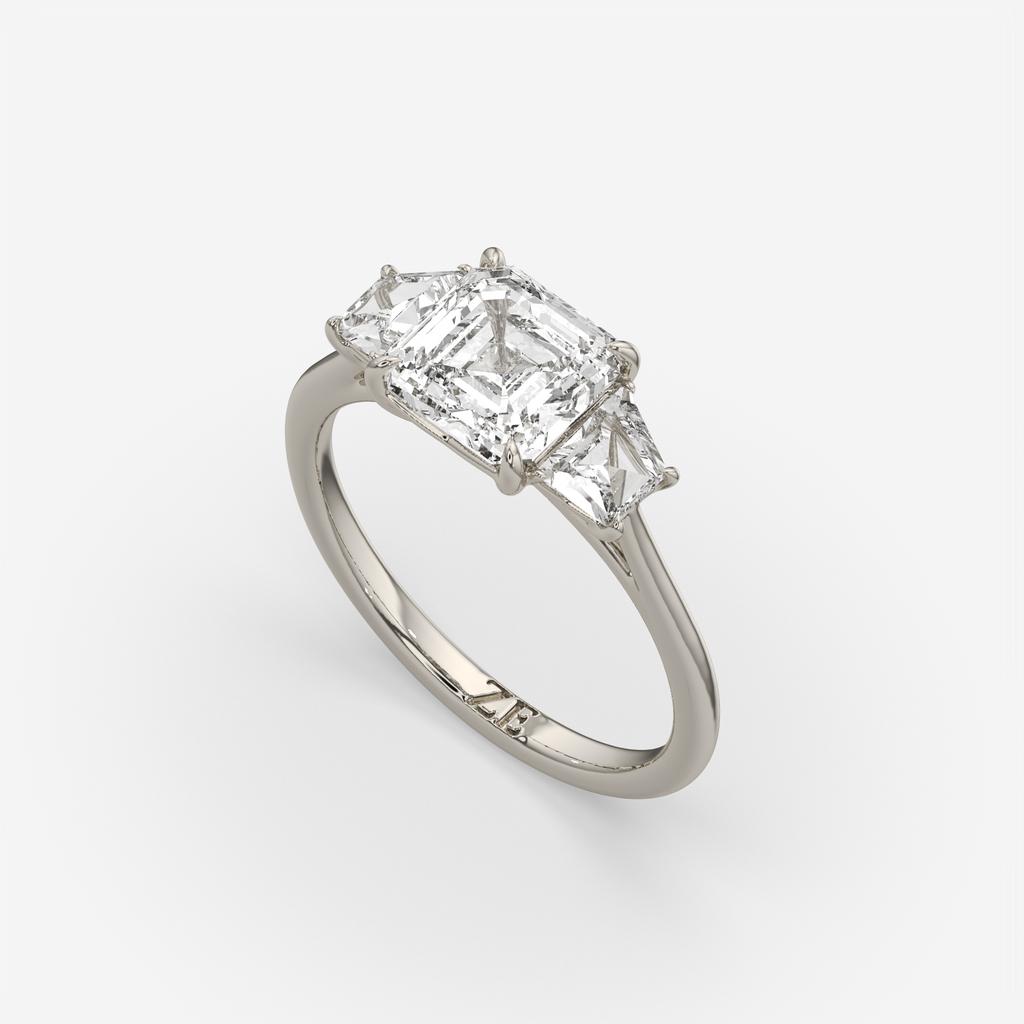 2.50 Ct D VS1 Asscher Cut Three Stone Ring With Step Cut Trapezoid Accents, in white gold, front view
