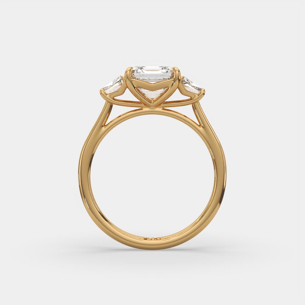 2.50 Ct D VS1 Asscher Cut Three Stone Ring With Step Cut Trapezoid Accents, in yellow gold, side profile
