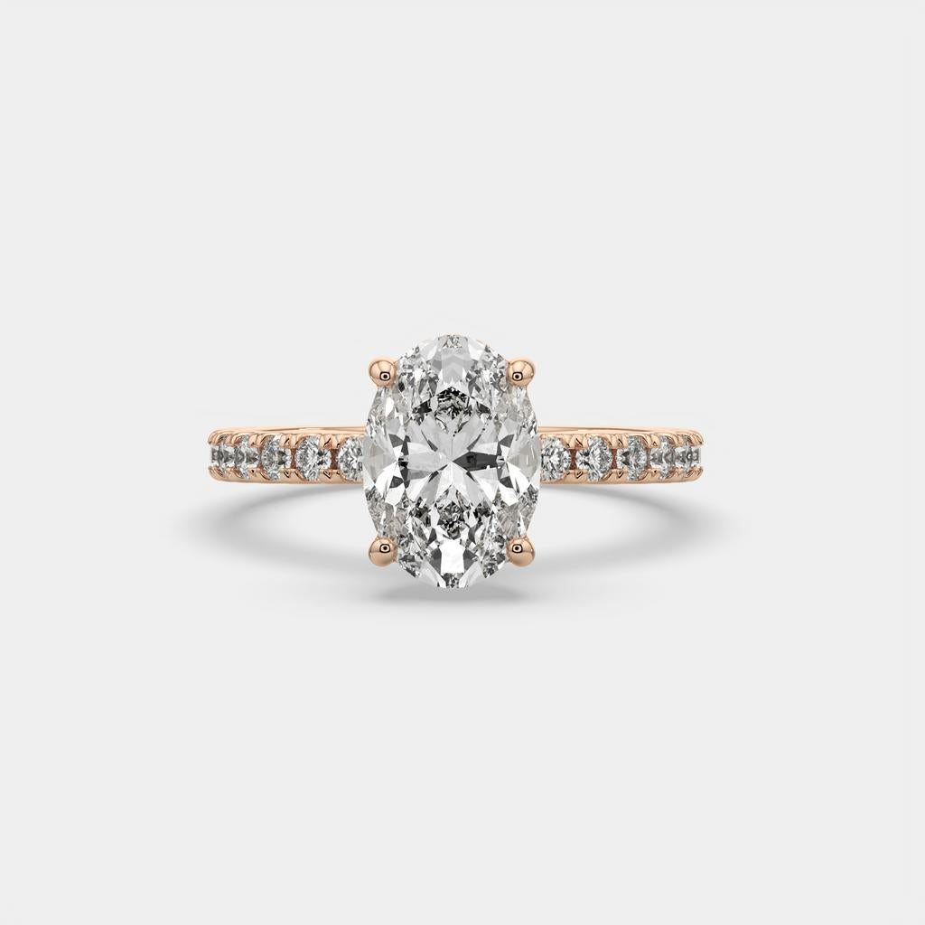 2.50 Ct D VS1 Oval Lab-Grown Diamond Halo Ring with Round Accents, in rose gold, front view