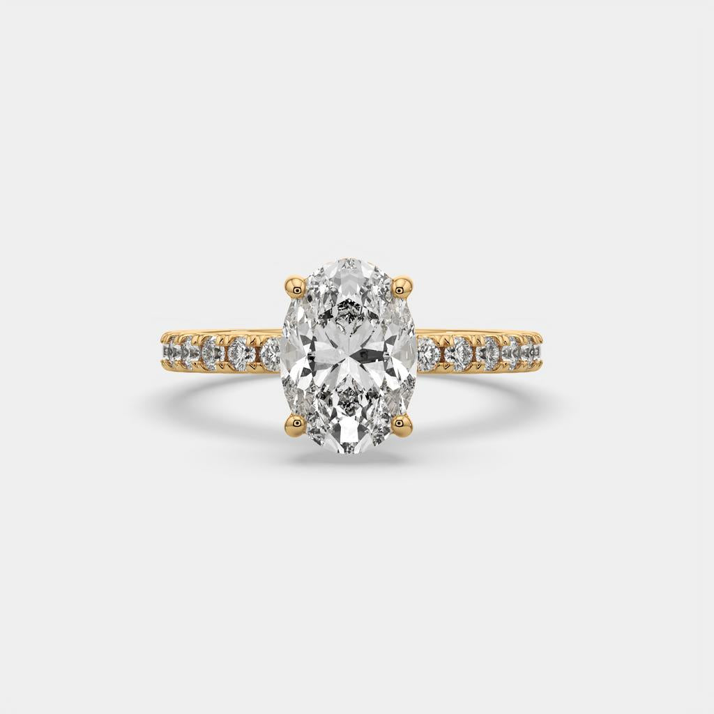 2.50 Ct D VS1 Oval Lab-Grown Diamond Halo Ring with Round Accents, in yellow gold, front view