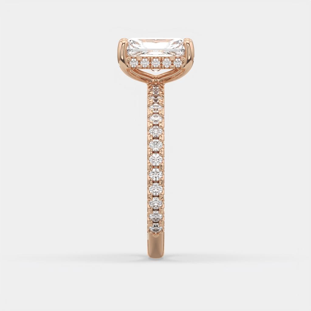 2.50 Ct E VS1 Radiant Cut Diamond Halo Ring, in rose gold, side profile